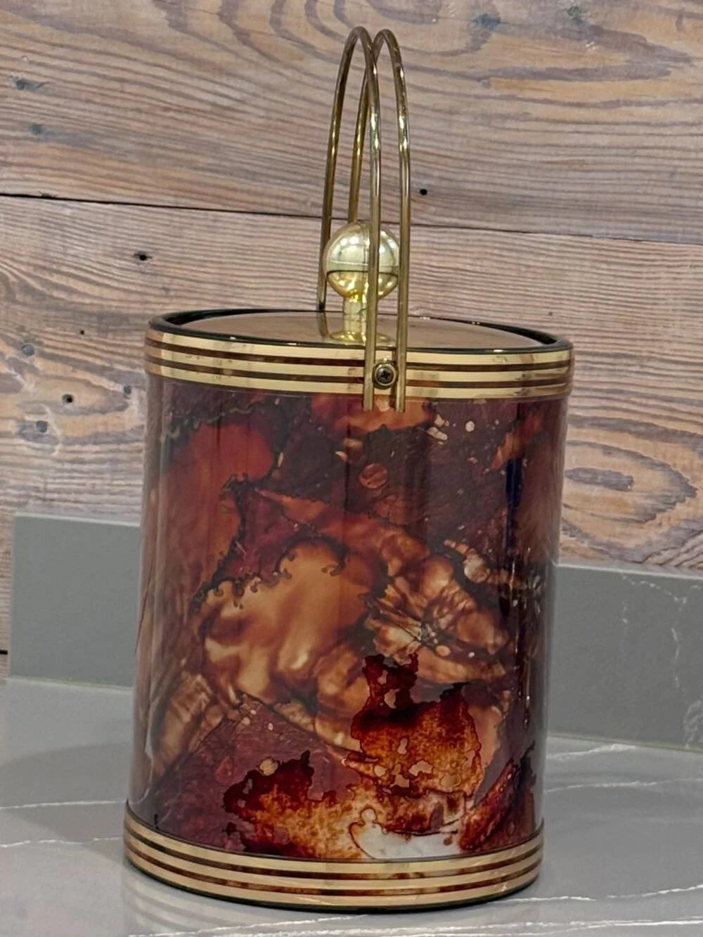Kraftware Copper Brass Marbled Ice Bucket Mid Century